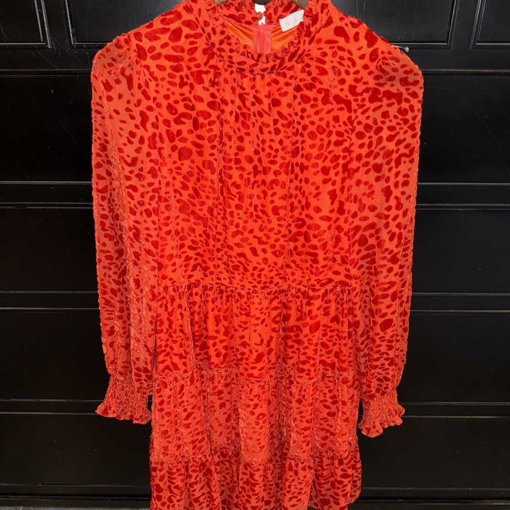 Karlie Red Orange Velvet Clara Dress Small Spotted Tiered Hi‎ Neck